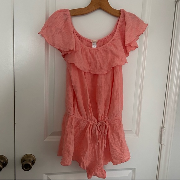Eberjey Nomad Tula Pink cotton ruffle off shoulder Romper - Picture 2 of 6